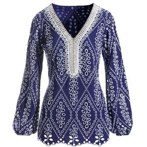 Boston Proper Navy White Boho Eyelet Blouse Tunic with Beaded V Neck, Size L